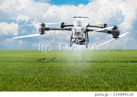 Spreading agricultural drone flies over the field and spreads fertilizer. 114994110