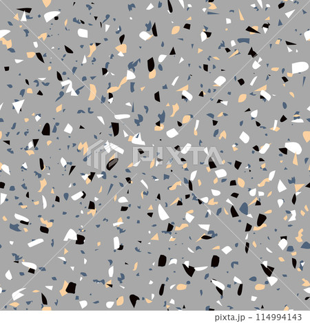 Geometric grey terrazzo seamless pattern. Abstract colourful modern background. Stone fashion design for web and print. Venetian tile, flooring home decor. Chaotic pastel texture. 114994143
