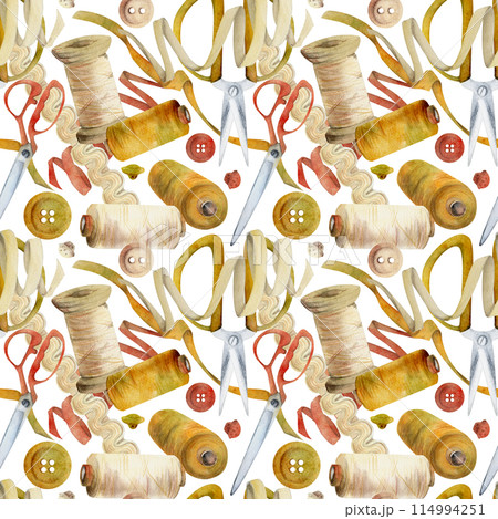 Hand drawn watercolor illustration sewing craft supplies. Fabric scissors, buttons ribbon thread bobbins, zigzag lace red beige. Seamless pattern isolated on white. Design atelier, tailor, hobby shop Hand drawn watercolor illustration sewing craft supplies. Fabric scissors, buttons ribbon thread bobbins, zigzag lace red beige. Seamless pattern isolated on white. Design atelier, tailor, hobby shop 114994251