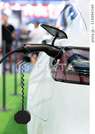 Close up of electric car inlet with a connected charging cable. 114994340
