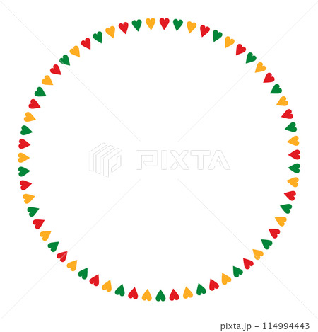 Empty round frame consists of small red, green and yellow hearts. Juneteenth frame is isolated on a transparent background. A border for Freedom Day. Black History Month. Place for text. Vector 114994443