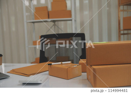 Portrait of young business asian woman online working in office desk use computer copyspace. Success business people employee, freelance SME online marketing work at home, coworking space concept 114994481