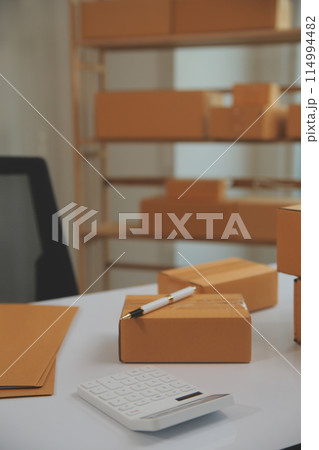 Portrait of young business asian woman online working in office desk use computer copyspace. Success business people employee, freelance SME online marketing work at home, coworking space concept 114994482