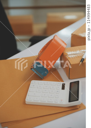 Portrait of young business asian woman online working in office desk use computer copyspace. Success business people employee, freelance SME online marketing work at home, coworking space concept Portrait of young business asian woman online working in office desk use computer copyspace. Success business people employee, freelance SME online marketing work at home, coworking space concept 114994483