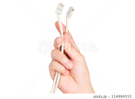 closeup hand holding electrical plug and Lan cable 114994553