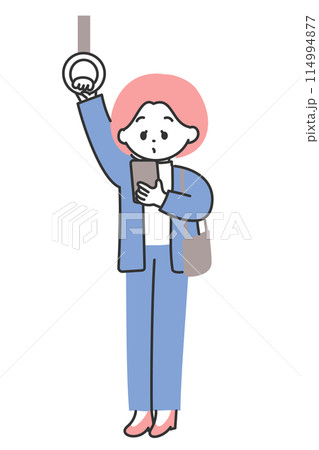 通勤電車でスマホを見ている女性のイラスト 通勤電車でスマホを見ている女性のイラスト 114994877