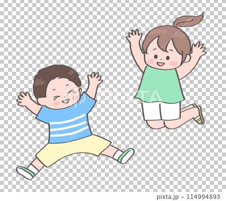 穿著夏裝的男孩和女孩跳躍的插圖 穿著夏裝的男孩和女孩跳躍的插圖 114994893