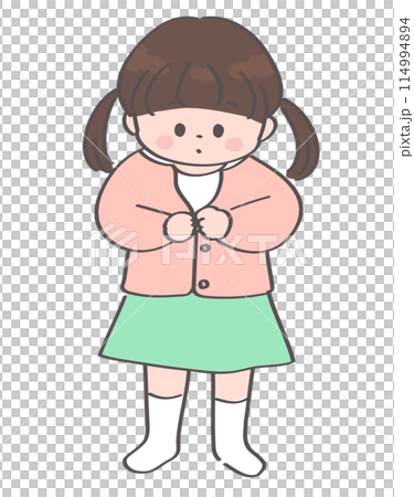 洋服のボタンを閉める幼児の女の子のイラスト 114994894