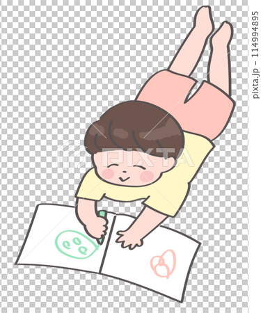 一個男孩趴在圖畫書上畫畫的插圖 一個男孩趴在圖畫書上畫畫的插圖 114994895