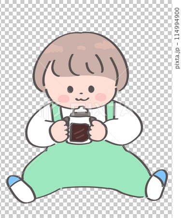 一個小孩坐下來喝杯子裡的茶的插圖 114994900