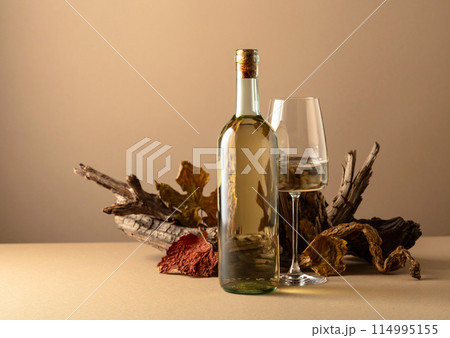 White wine and snags on a beige background. 114995155
