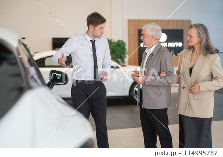 A salesman in a car dealership shows a car to a mature married couple. 114995787