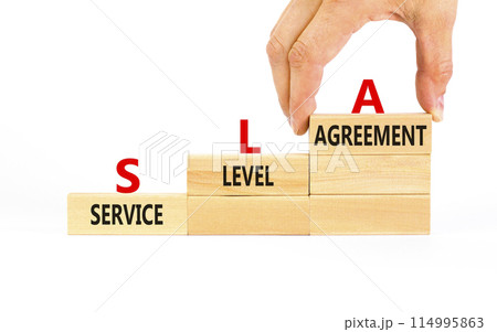 SLA service level agreement symbol. Concept words SLA service level agreement on beautiful wooden blocks. Beautiful white background. Business SLA service level agreement concept. Copy space. 114995863