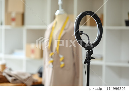 LED ring light with phone holder prepared for live streaming online clothing store on social media LED ring light with phone holder prepared for live streaming online clothing store on social media 114996293