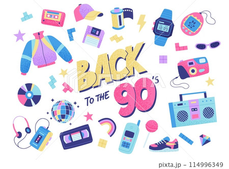 90s retro elements set with lettering. Bright multicolour collection. Vector illustration in trendy flat style 114996349