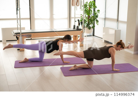 Two pregnant women are doing yoga. 114996374