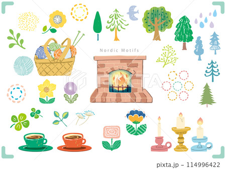 北欧風暖炉のあるイラストモチーフセット 114996422