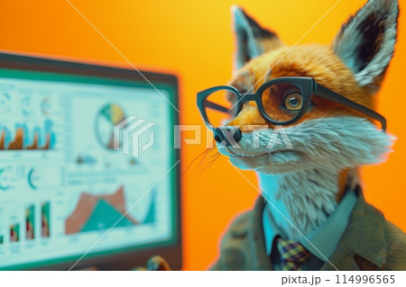 A fox wearing glasses is sitting in front of a computer monitor with Generative AI 114996565