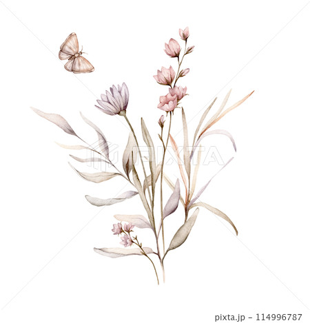 Watercolor botanical autumn illustration branches and light pink flowers. Autumn floral illustration and butterfly. Fall vibes. Hand painted drawing isolated on background. herds pastel color Watercolor botanical autumn illustration branches and light pink flowers. Autumn floral illustration and butterfly. Fall vibes. Hand painted drawing isolated on background. herds pastel color 114996787