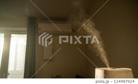 A humidifier evaporates moisture in the bedroom. 114997024