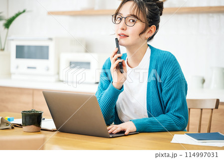 お家でテレワークをする女性 お家でテレワークをする女性 114997031