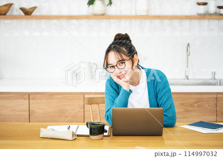 お家でテレワークをする女性 お家でテレワークをする女性 114997032