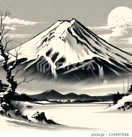 『2年保証』 富士山と雪 水墨画のイラスト素材 [114997048] - PIXTA 写真・グラフィック