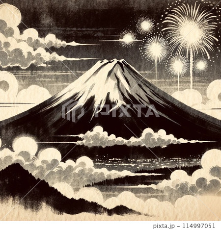 Nさま専用（原画）富士山と花火【A5サイズ／水彩画／#2452】 cherryさま専用3月（原画）富士山と桜が見える風景【A5サイズ