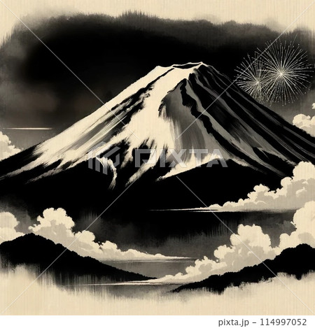 富士山と花火　水墨画2.5 114997052