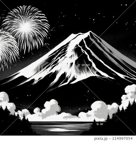 富士山と花火 水墨画3のイラスト素材 [114997054] - PIXTA