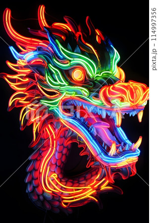 Beautiful dragon head neon sign. Chinese - Stock