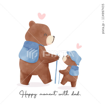 Fathers day bear happy baby and daddy bear hiking together Heartwarming Cartoon Illustration Fathers day bear happy baby and daddy bear hiking together Heartwarming Cartoon Illustration 114997435