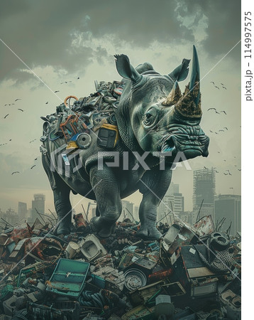 Rhino, its body marred with pieces of broken machinery, stands defiantly atop pile of industrial waste. Clash between nature and human-made pollution 114997575