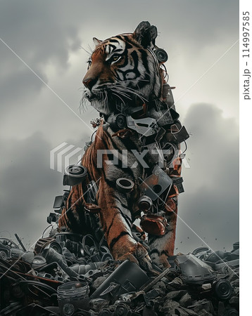Powerful tiger, stands amidst heap of industrial scrap and discarded machinery. Tiger's body blending natural with man-made Powerful tiger, stands amidst heap of industrial scrap and discarded machinery. Tiger's body blending natural with man-made 114997585