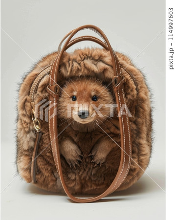 Handbag designed to resemble small, furry animal, highlighting importance of loving animals and raising awareness about environmental impact of using natural fur. 114997603