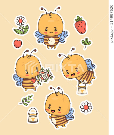 Cute bee sticker collection. Funny insect character with bouquet flowers chamomile and bucket of honey. Isolated elements in cartoon kawaii style. Vector illustration. 114997620