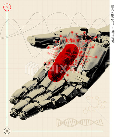 Nanotechnology in Medicine. Robotic hand holding red pill. Intersection of advanced robotics and medical technology. Contemporary art collage. Nanotechnology in Medicine. Robotic hand holding red pill. Intersection of advanced robotics and medical technology. Contemporary art collage. 114997649