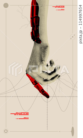 Human arm transitioning into robotic limb. Fusion of human biology with advanced robotics. Contemporary art collage. Prosthetics technologies Human arm transitioning into robotic limb. Fusion of human biology with advanced robotics. Contemporary art collage. Prosthetics technologies 114997654