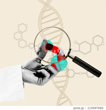 Scientific discovery through analysis. Scientist with magnifying glass against background with molecular structures and DNA helix. Contemporary art collage. Scientific discovery through analysis. Scientist with magnifying glass against background with molecular structures and DNA helix. Contemporary art collage. 114997660