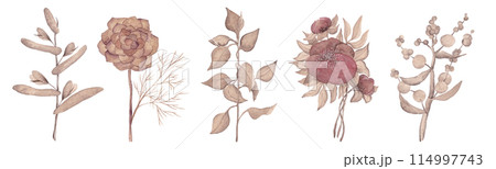 Fantasy flowers. Flower border. Watercolor illustration in vintage style. The set is ideal for posters, fabric design, wallpaper, tableware and other products 114997743