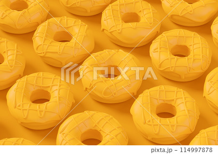 Isometric view of glazed donut with sprinkles on plain monochrome yellow color 114997878