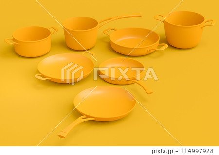 Set of flying stewpot, frying pan and plated cookware on monochrome background Set of flying stewpot, frying pan and plated cookware on monochrome background 114997928