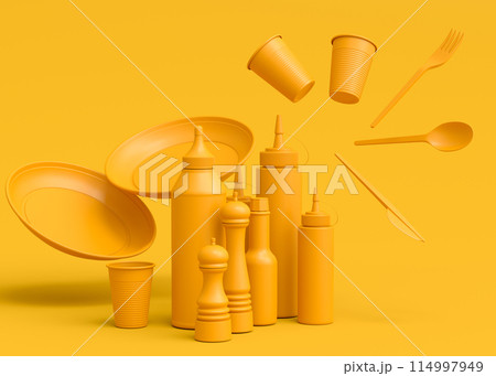 Set of disposable utensils like plate, folk, spoon,knife, cup and pepper mill 114997949
