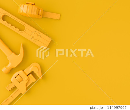 Top view of monochrome construction tools for repair on multicolor background Top view of monochrome construction tools for repair on multicolor background 114997965