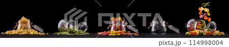 Jar of different type of pasta isolated on black background 114998004