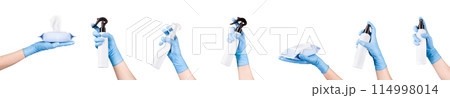 Doctor's hand in medical gloves use antibacterial spray sanitizer on white Doctor's hand in medical gloves use antibacterial spray sanitizer on white 114998014