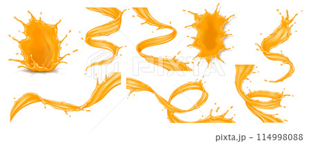 Orange juice splashes realistic vector illustration set 114998088