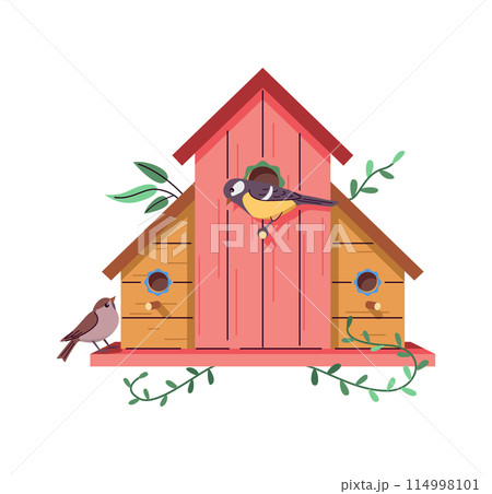 Birdhouse with titmouse and vine plant 2D cartoon object 114998101