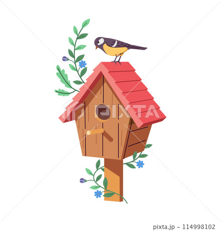 Birdhouse with titmouse and vine plant 2D cartoon object 114998102