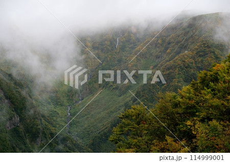 雨上がりの鳥海山、鉾立展望台は霧がかかり幻想的な景色に変貌 114999001